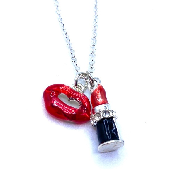 Lips And Lipstick Necklace Silver Tone Rhinestones Makeup Artist - Picture 4 of 7